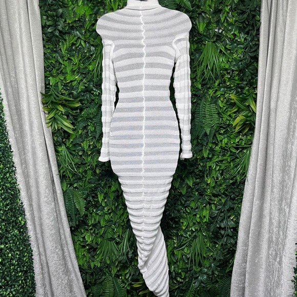 White Sheer Dress Small Knit Maxi Long Sleeve Ribbed Bodycon 3684 - Picture 5 of 7